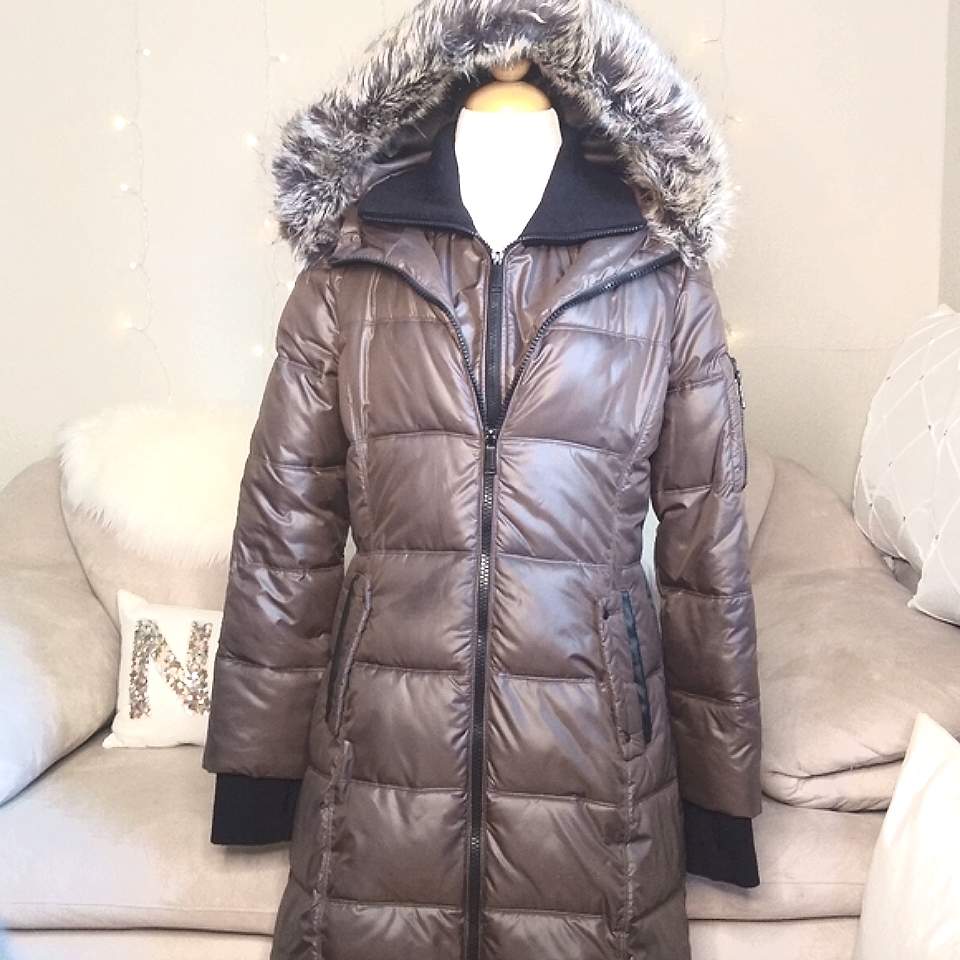 New Bcbg Champagne Brown Puffy Down Trench Coat. Long - Faux Fur Hoodie
